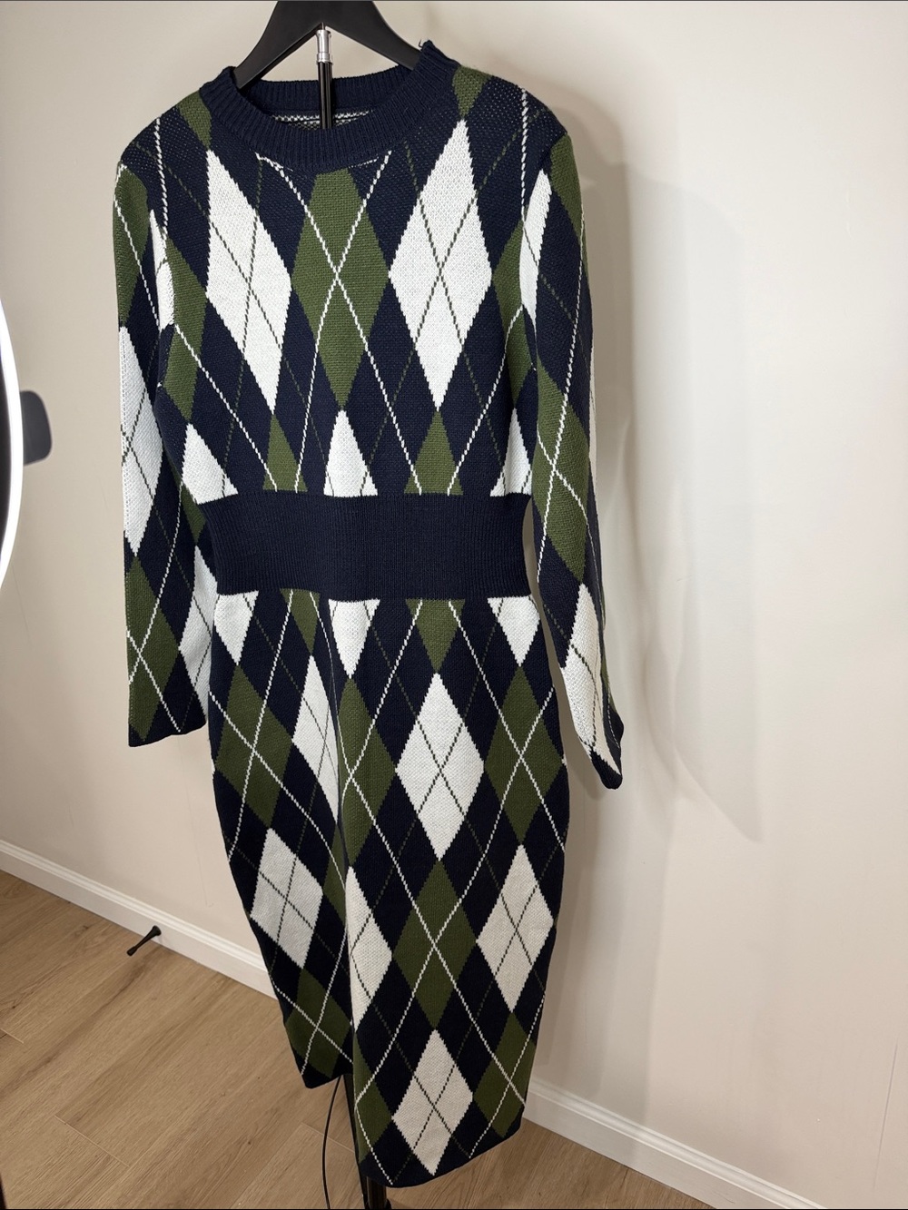 Argyle Knit Midi Dress in Navy, Olive & White